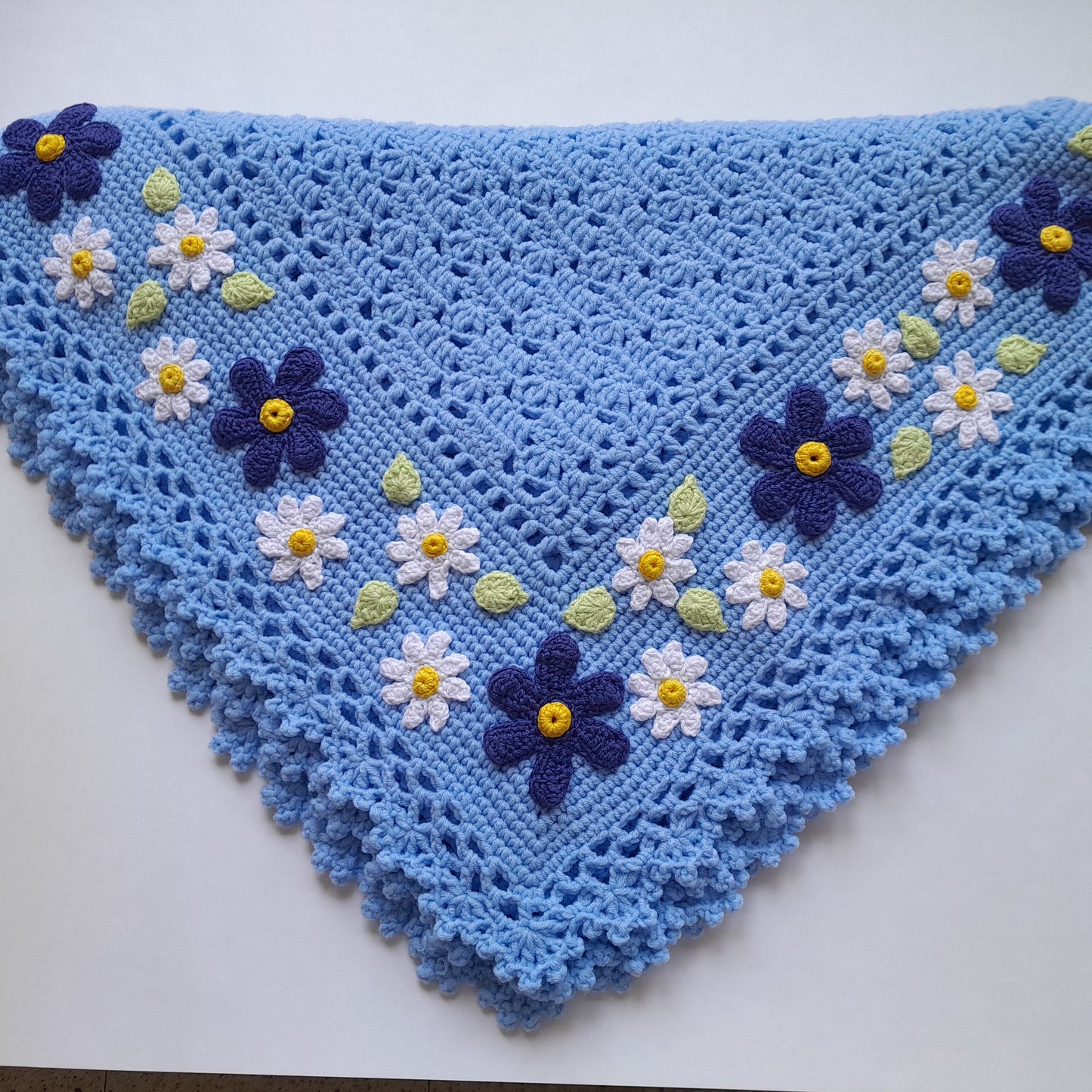 Blue Crochet Baby Blanket Daisy Floral Applique