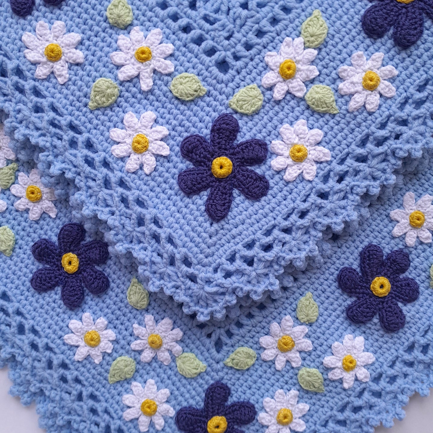 Blue Crochet Baby Blanket Daisy Floral Applique