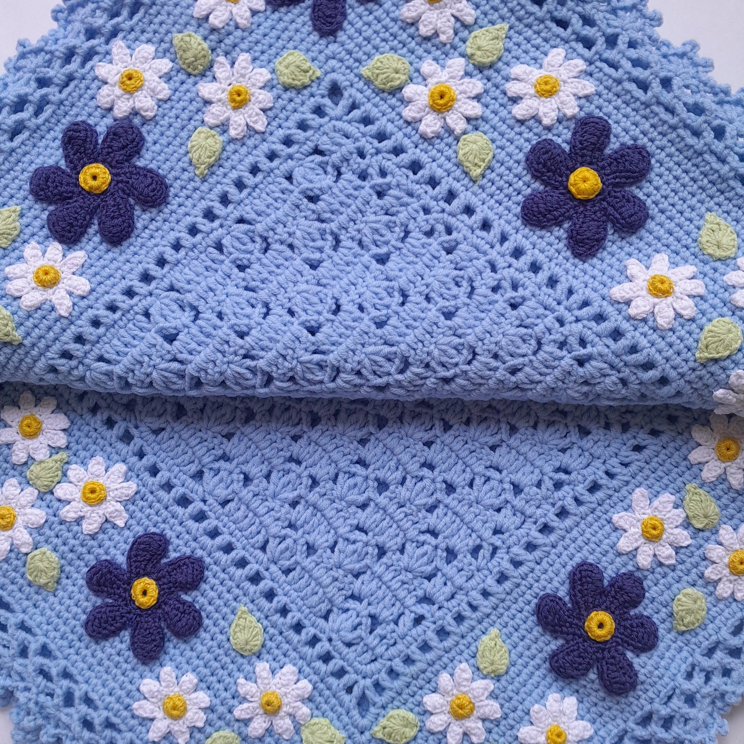 Blue Crochet Baby Blanket Daisy Floral Applique
