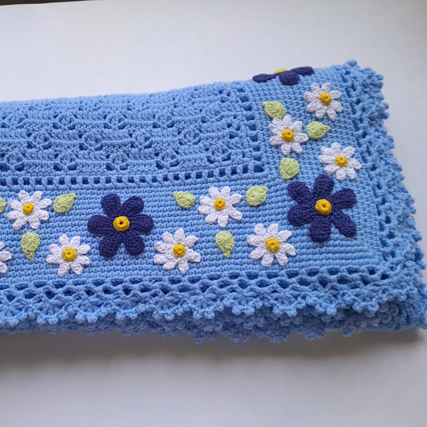 Blue Crochet Baby Blanket Daisy Floral Applique