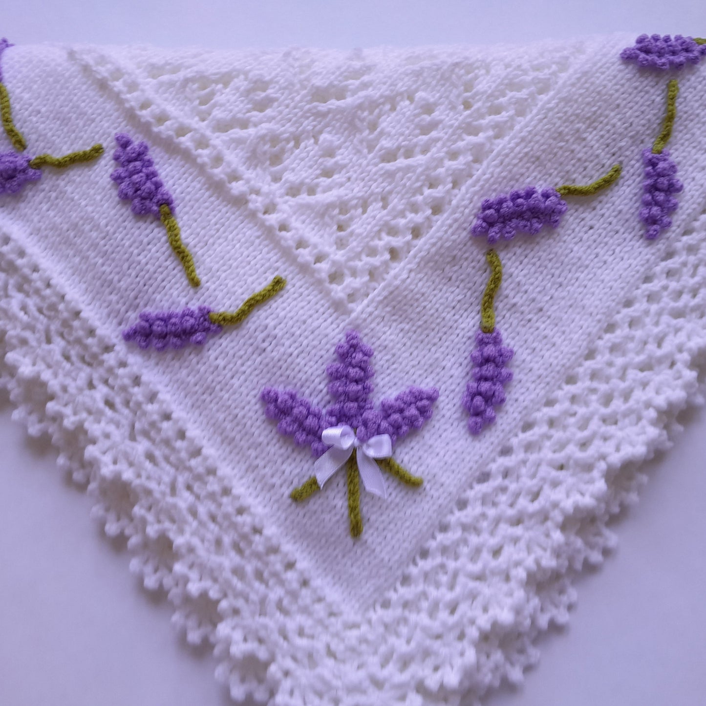 Knit Baby Blanket Lavender Flowers Applique