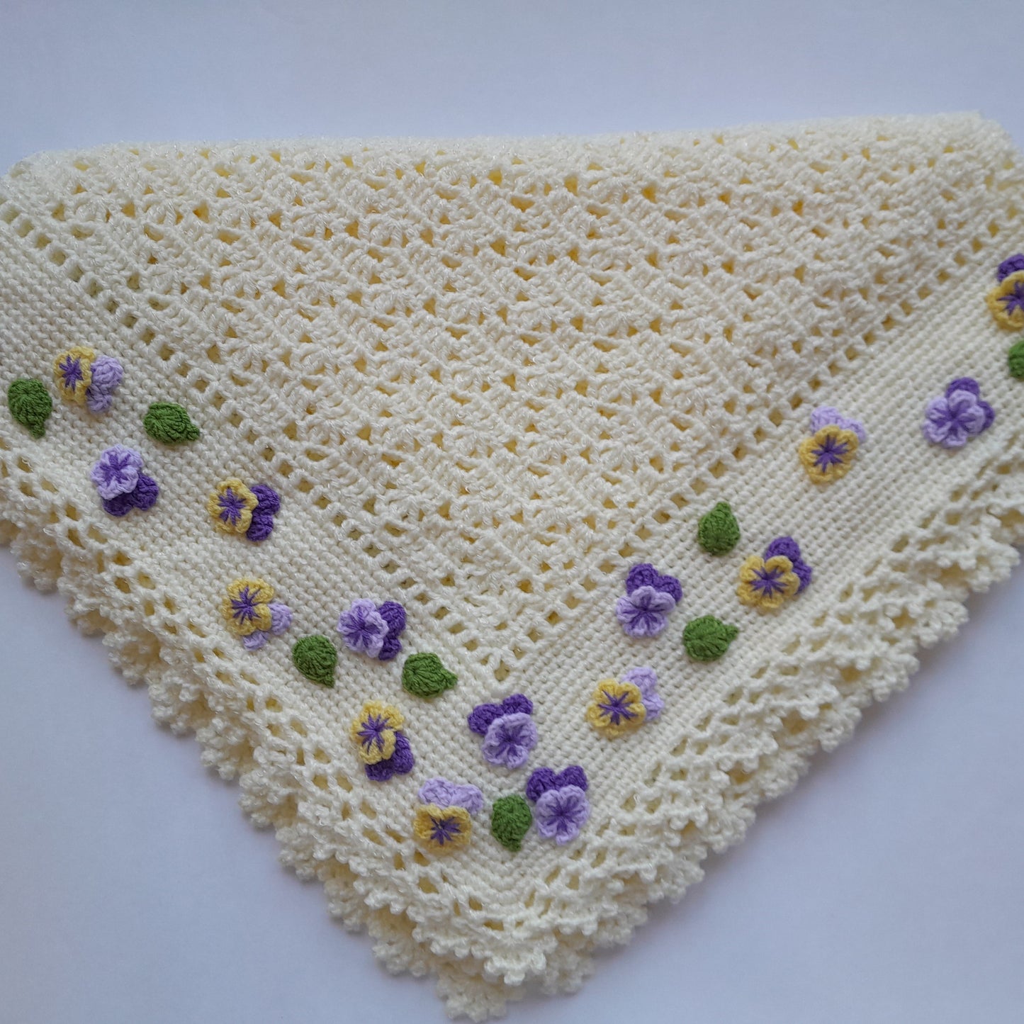 Crochet Baby Blanket Pansy Flowers Applique