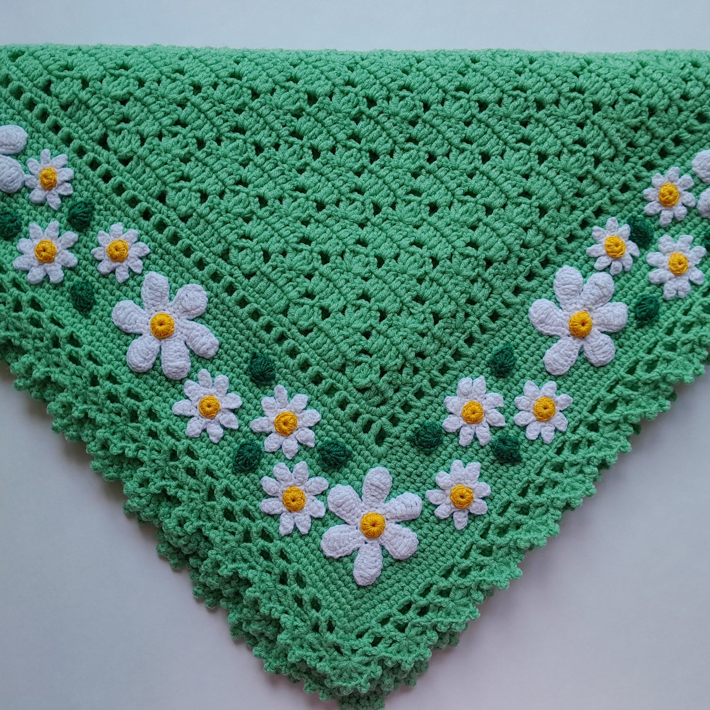 Green Crochet Baby Blanket with Daisy Flowers Applique