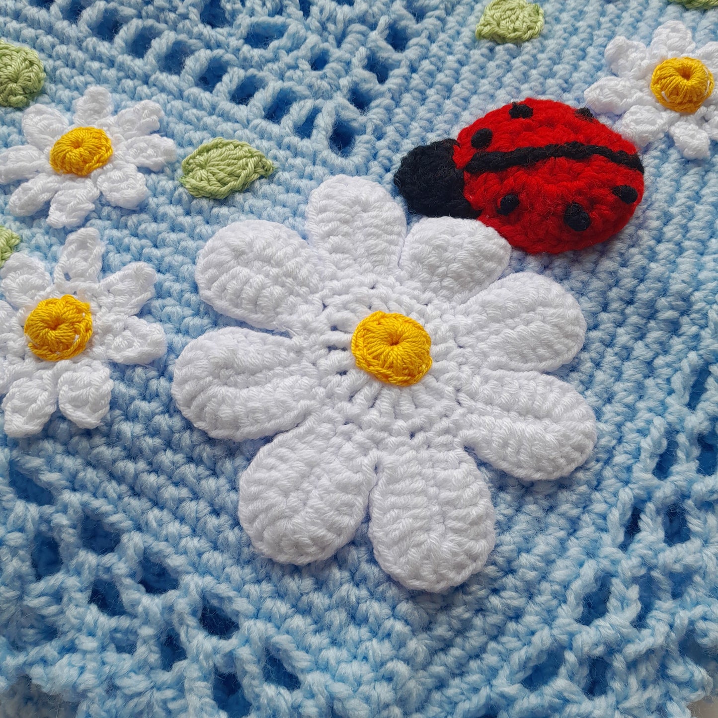 Blue Crochet Ladybug Baby Blanket Daisy Flowers