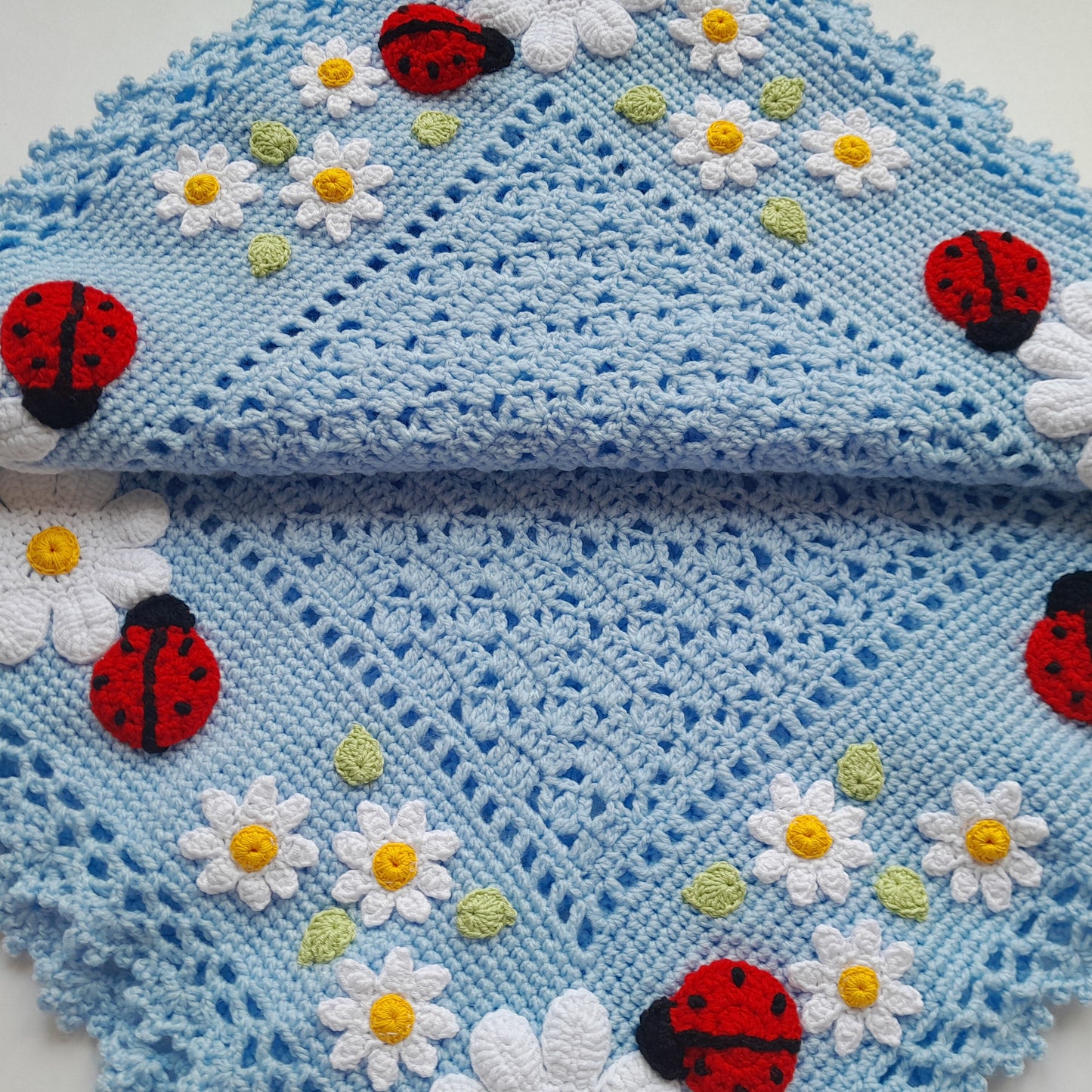 Blue Crochet Ladybug Baby Blanket Daisy Flowers