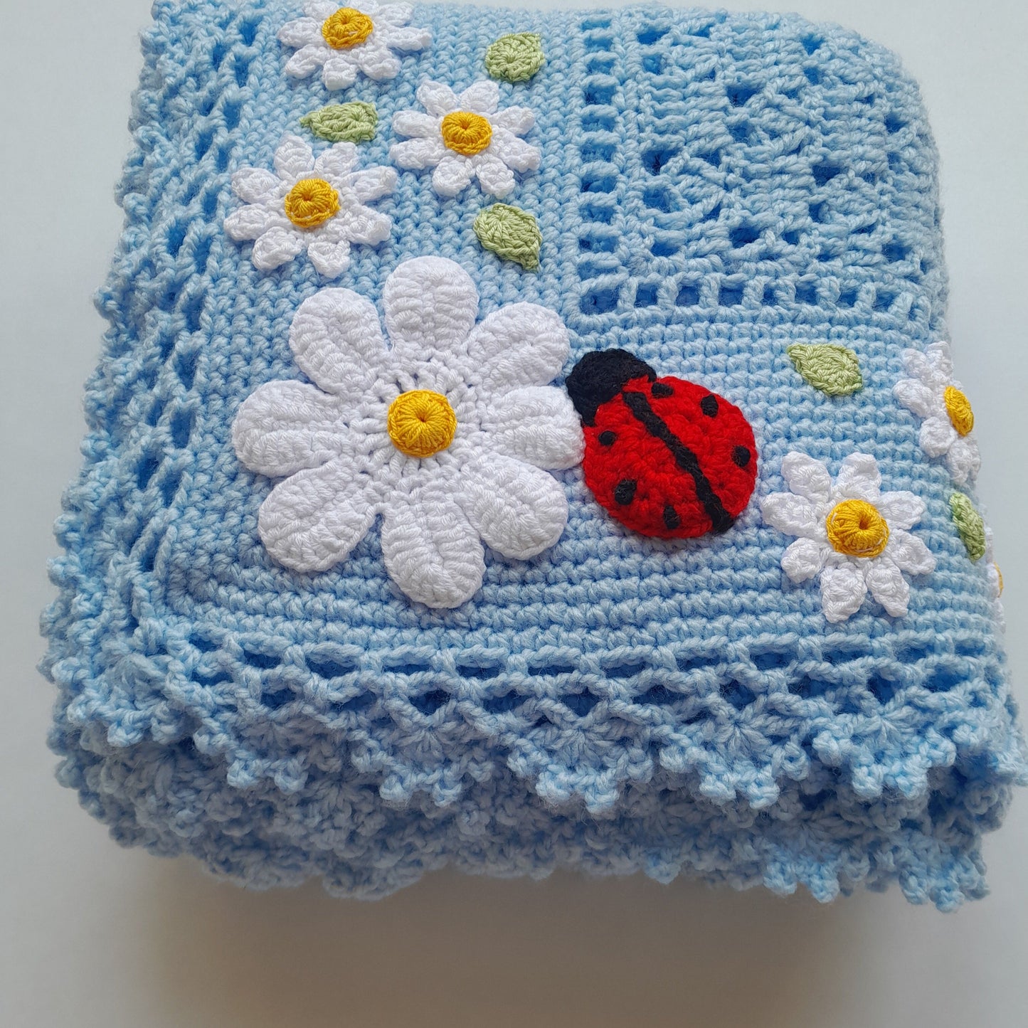 Blue Crochet Ladybug Baby Blanket Daisy Flowers