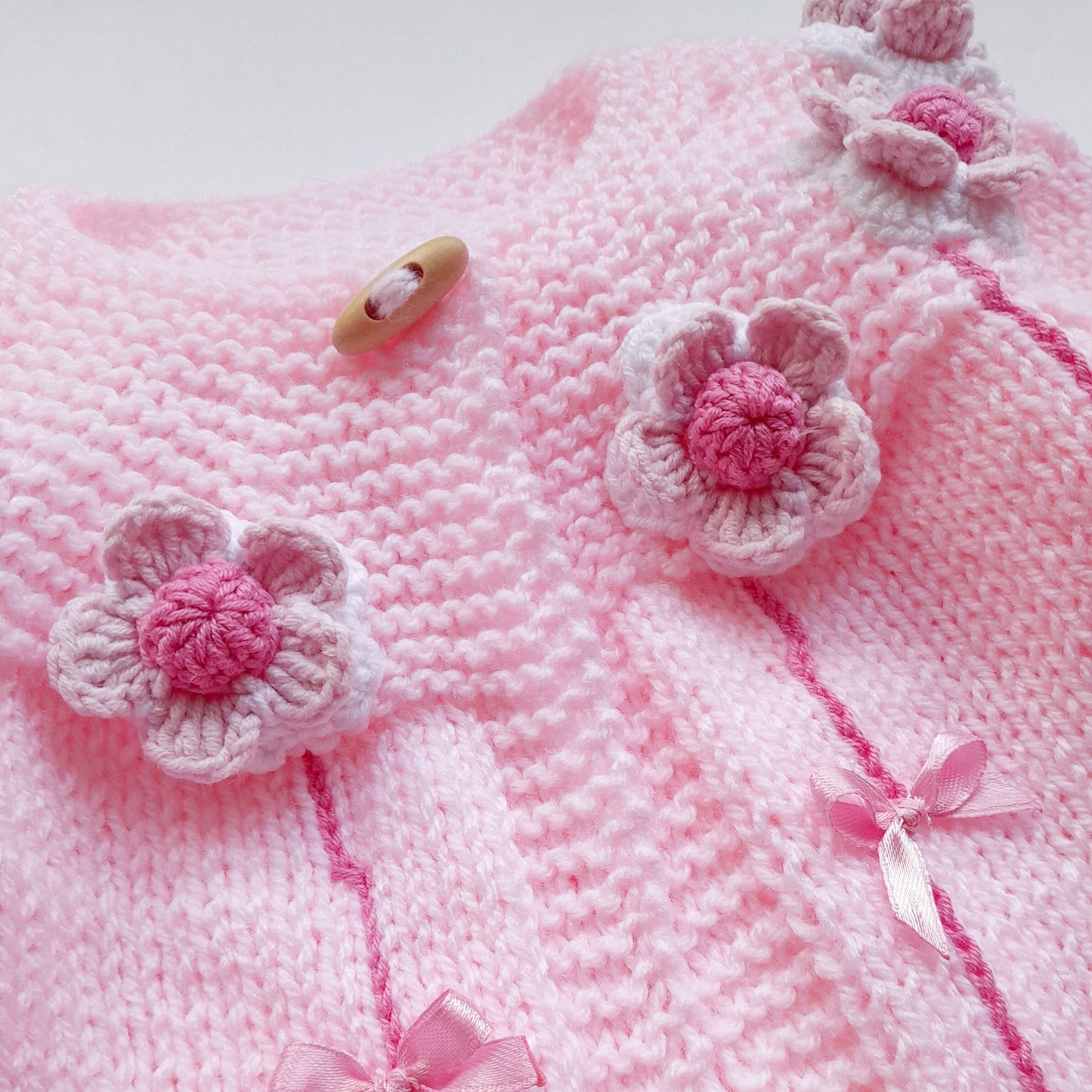Knitted Baby Girl Jacket Pink Flowers Bow Crochet Applique, Baby Booties