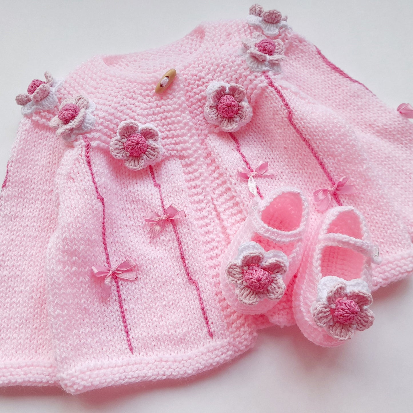 Knitted Baby Girl Jacket Pink Flowers Bow Crochet Applique, Baby Booties