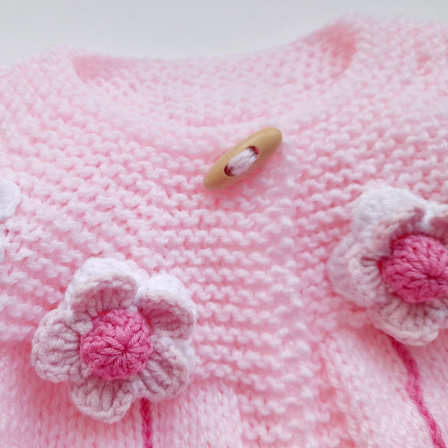 Knitted Baby Girl Jacket Pink Flowers Bow Crochet Applique, Baby Booties