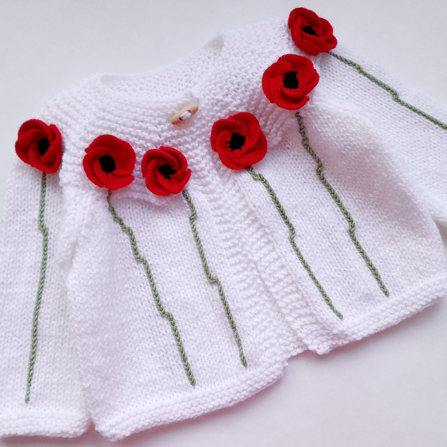 Knitted Baby Girl Jacket Red Wild Flowers Crochet Applique and Baby Booties