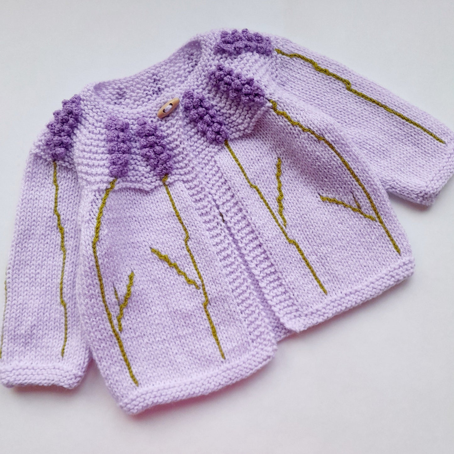 Knitted Baby Girl Jacket Lavender Flowers Crochet Applique and Baby Booties