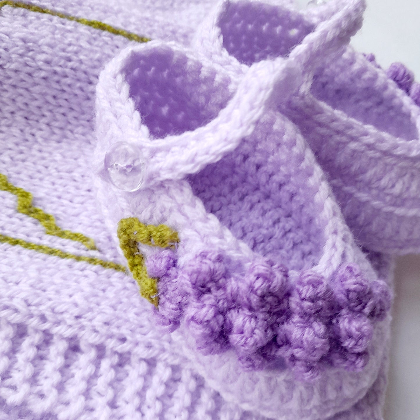 Knitted Baby Girl Jacket Lavender Flowers Crochet Applique and Baby Booties