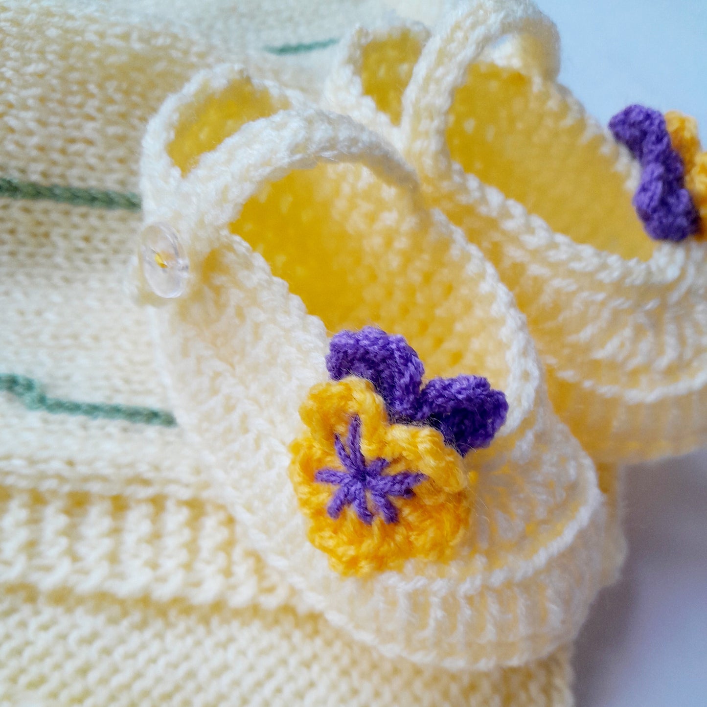 Knitted Baby Girl Jacket Pansy Crochet Applique and Baby Booties