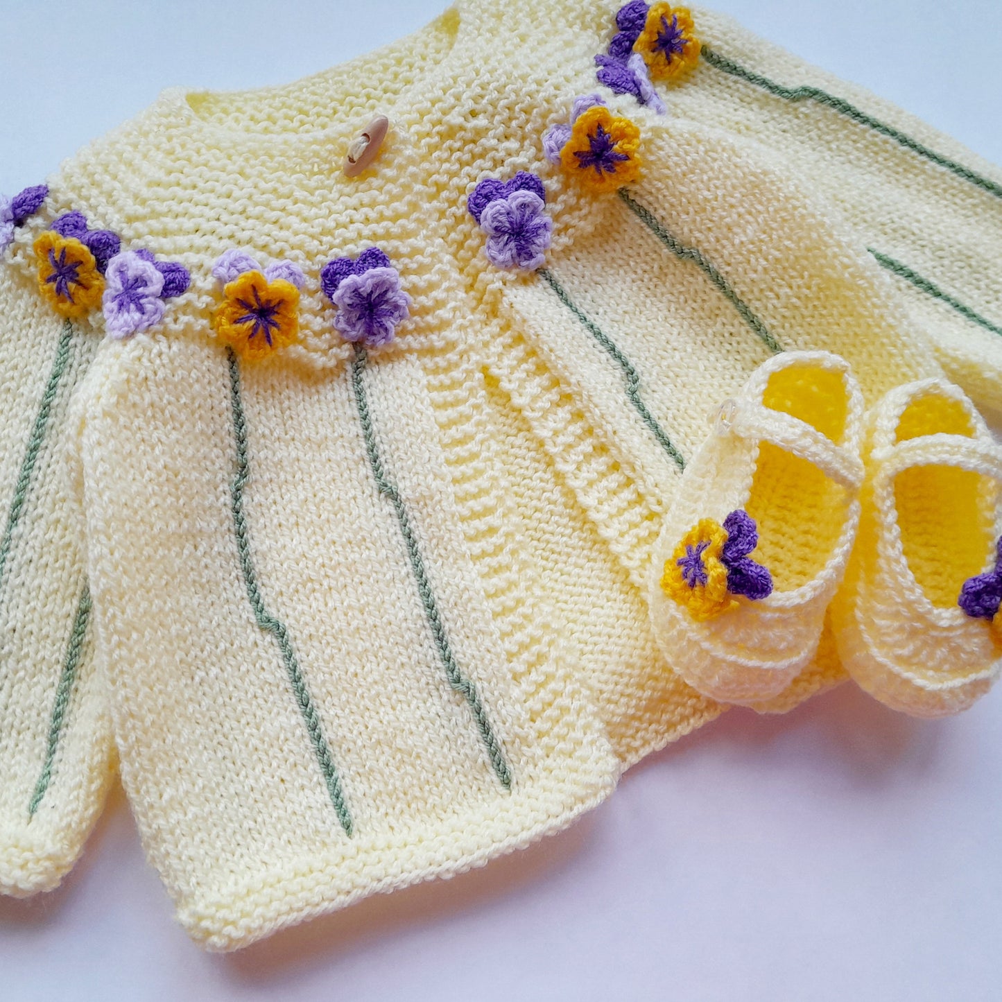 Knitted Baby Girl Jacket Pansy Crochet Applique and Baby Booties