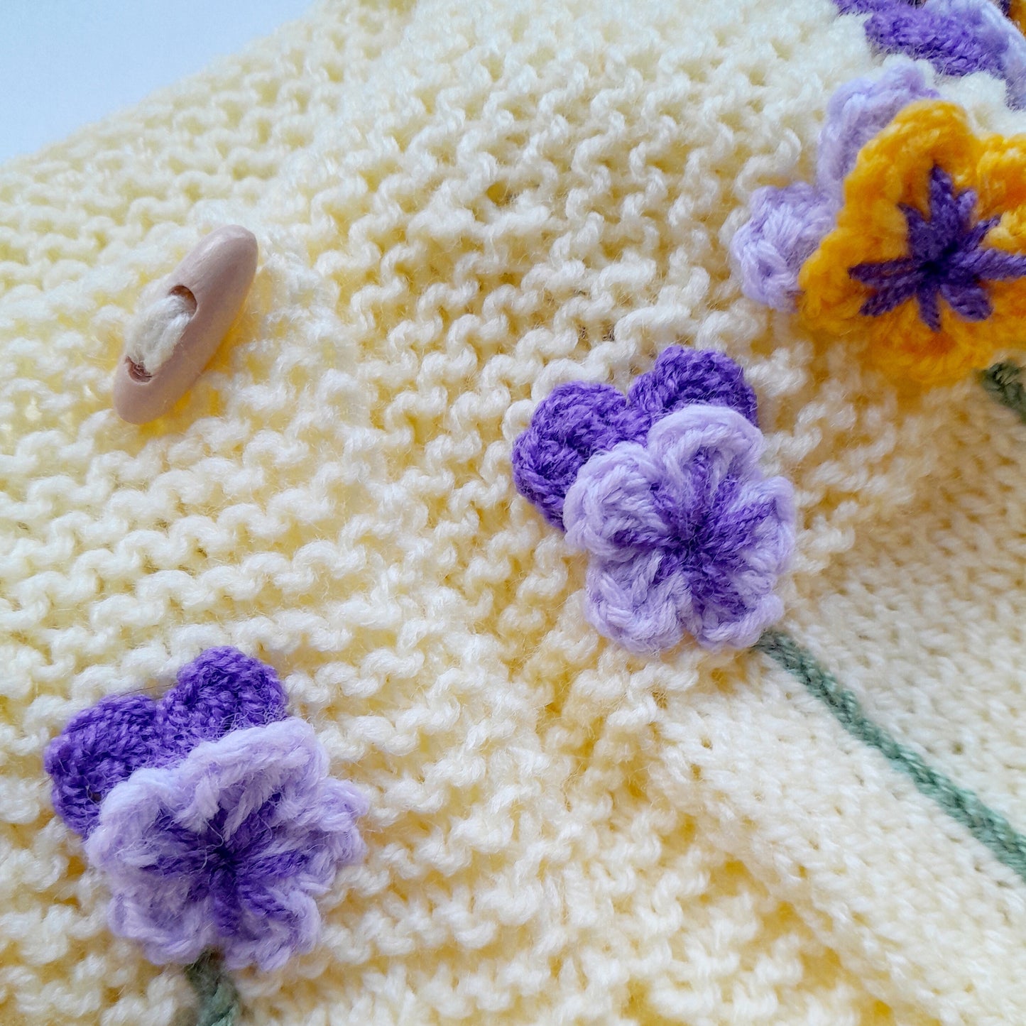 Knitted Baby Girl Jacket Pansy Crochet Applique and Baby Booties