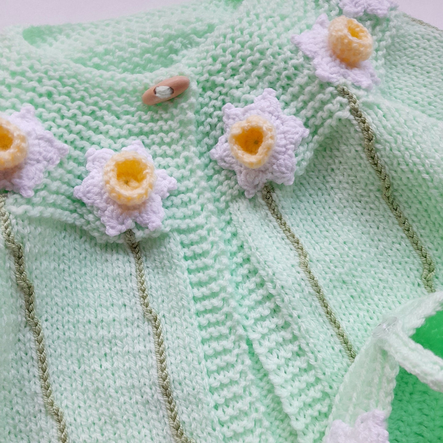 Knitted Baby Girl Jacket Spring Flowers Crochet Applique and Baby Booties