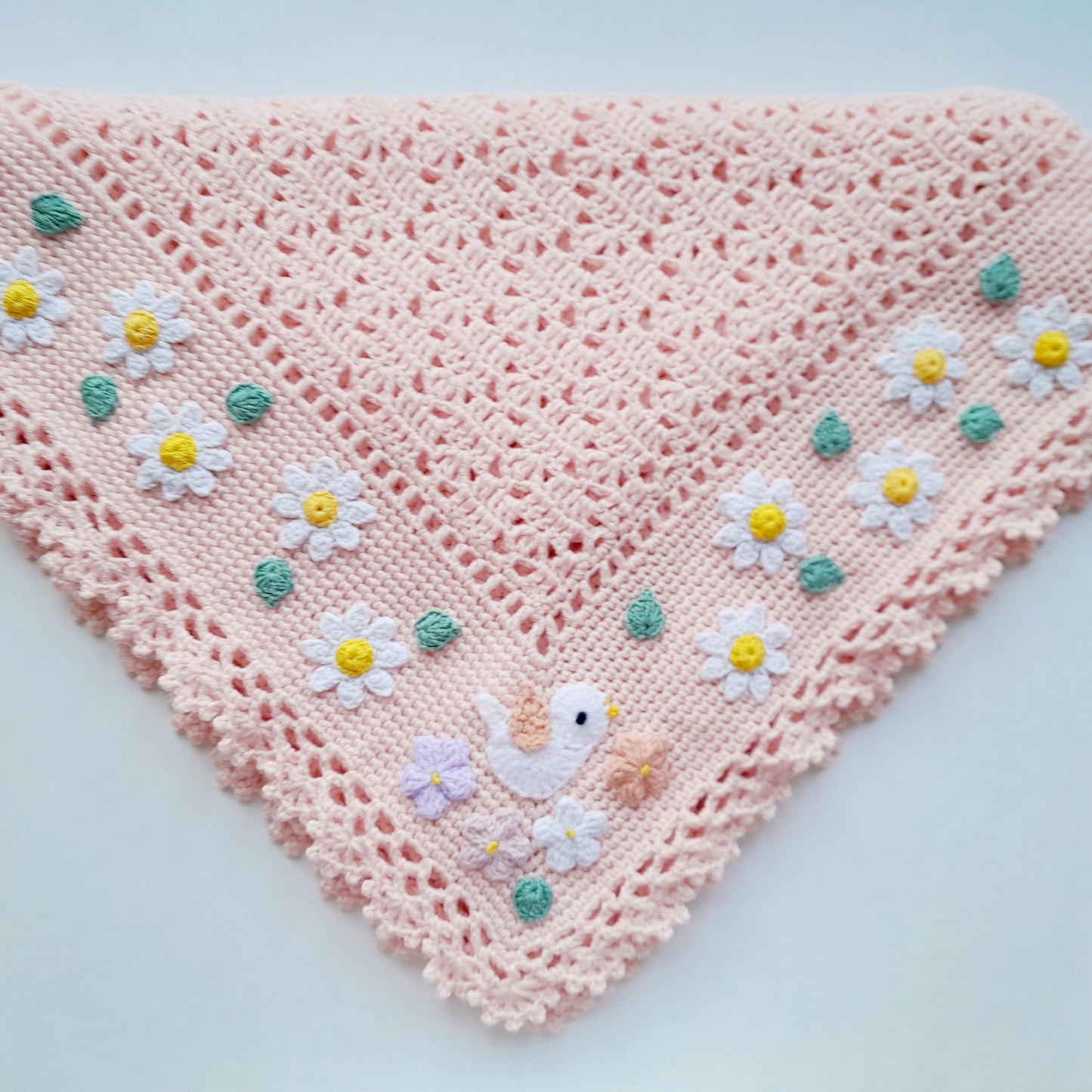 Crochet Baby Blanket Delicate Birds Daisy Flowers