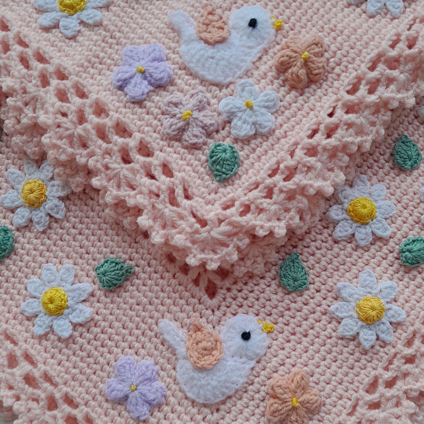 Crochet Baby Blanket Delicate Birds Daisy Flowers