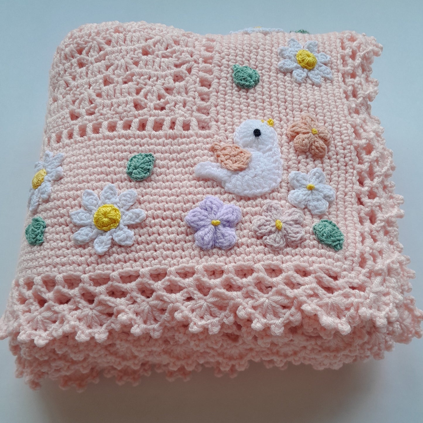 Crochet Baby Blanket Delicate Birds Daisy Flowers
