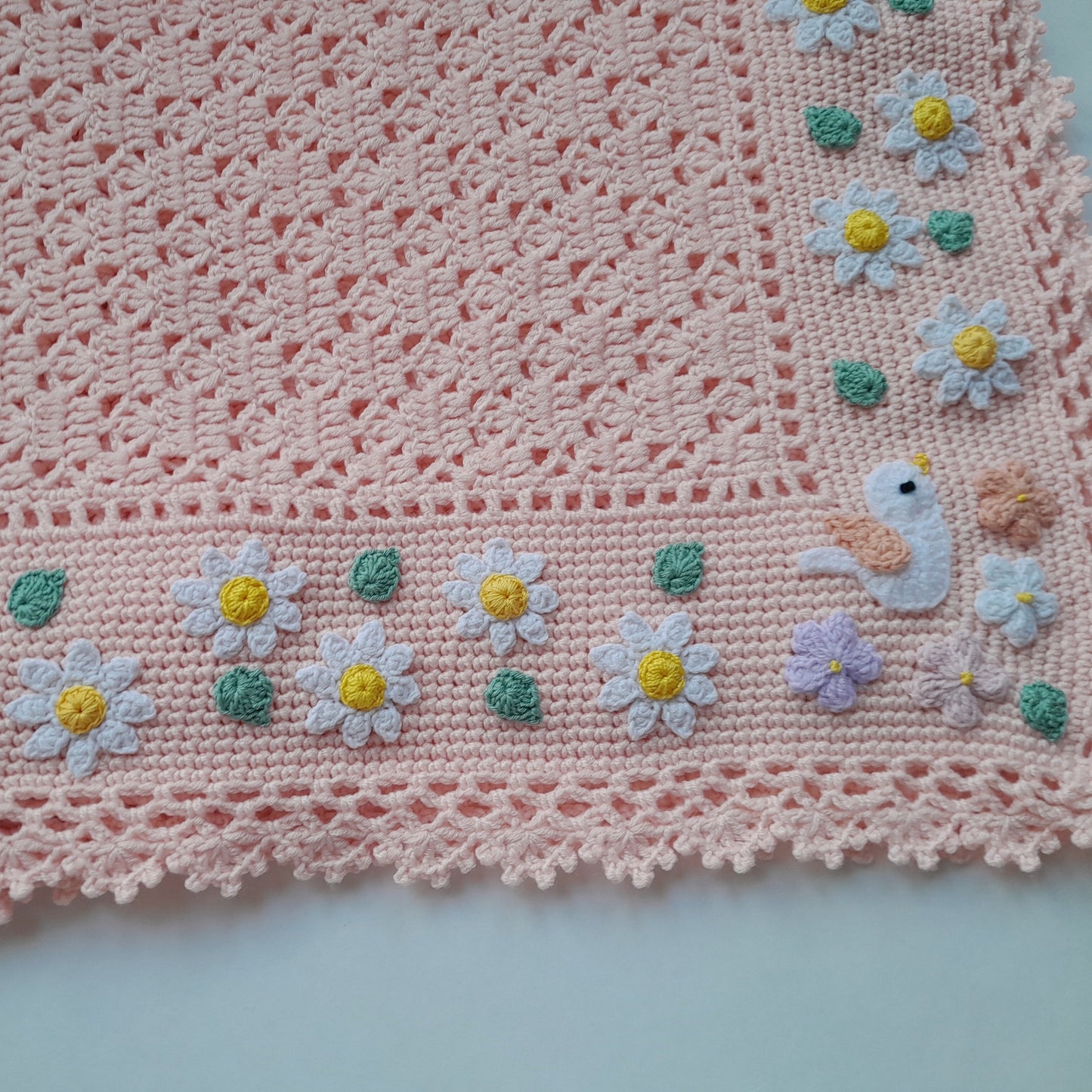 Crochet Baby Blanket Delicate Birds Daisy Flowers