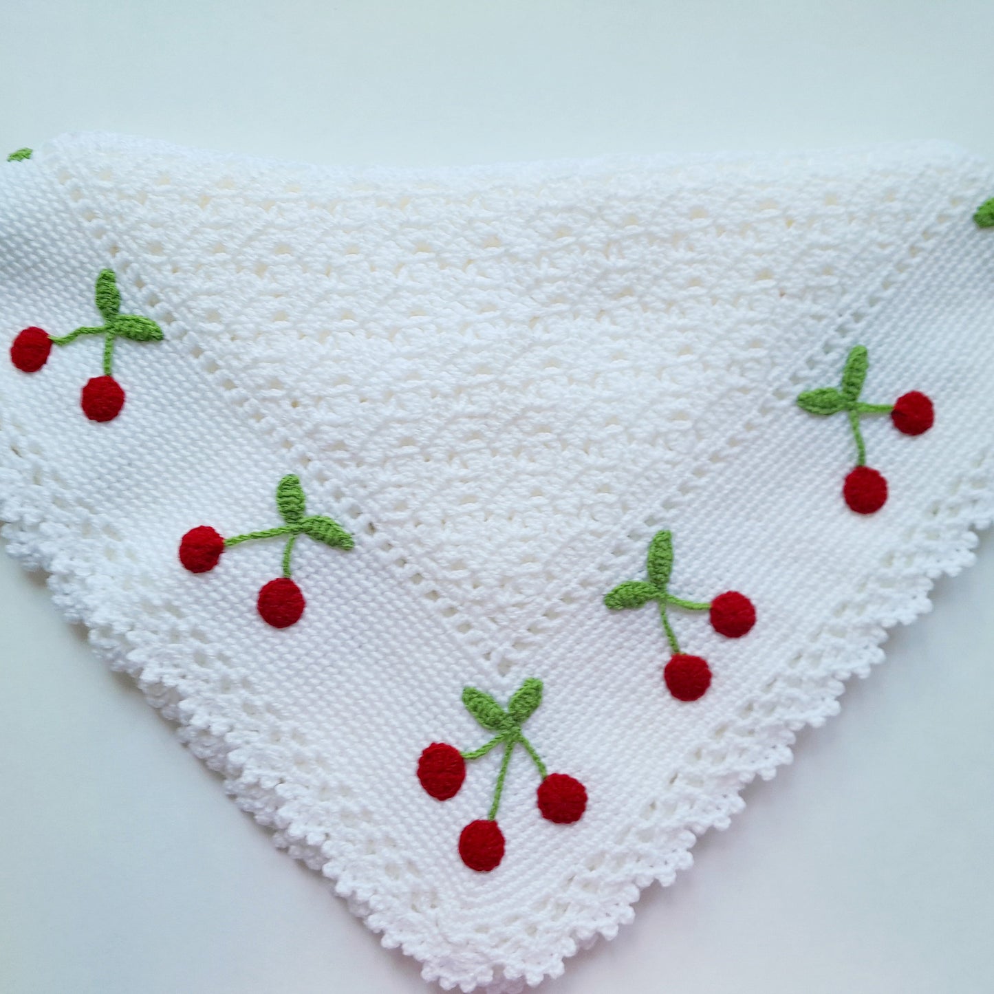 White Crochet Baby Blanket Cherry Applique