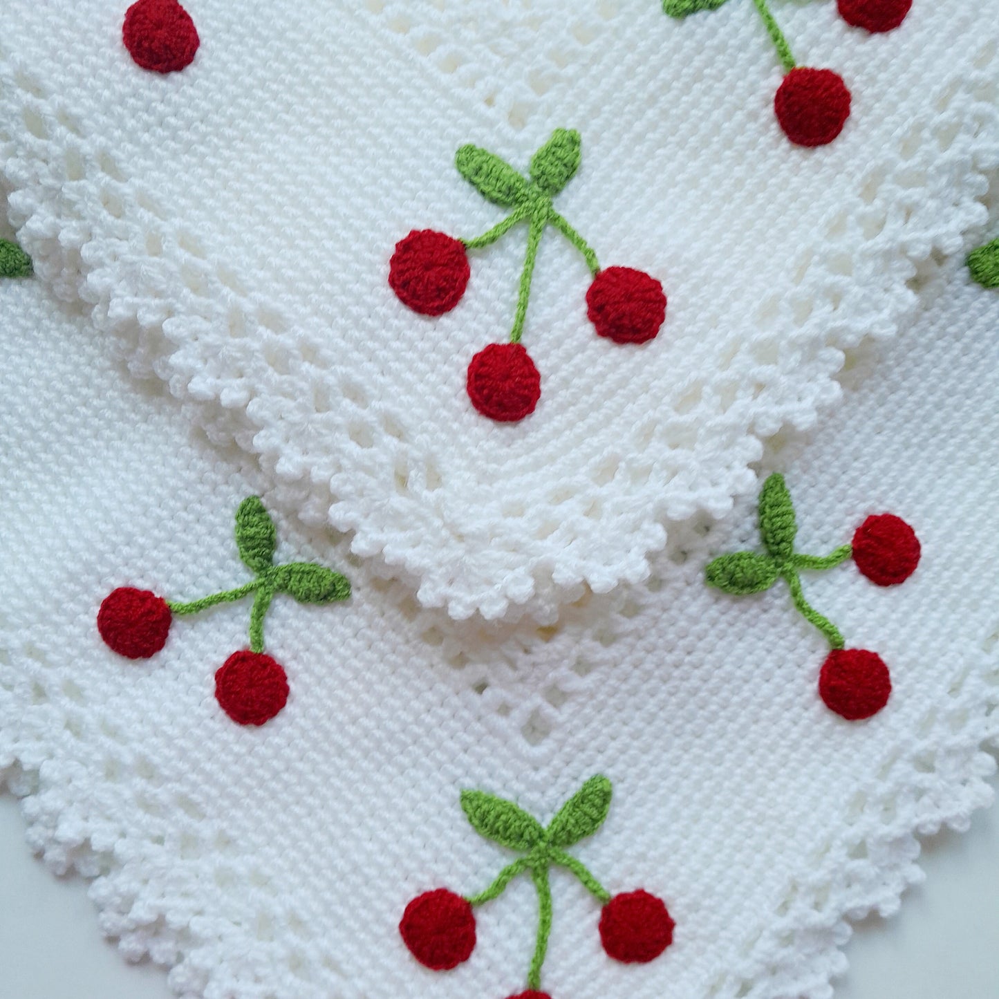 White Crochet Baby Blanket Cherry Applique