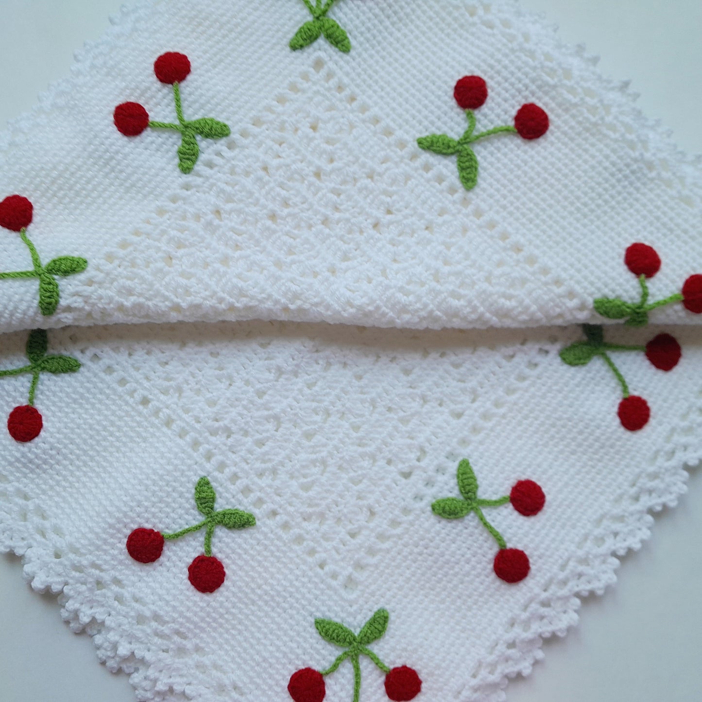 White Crochet Baby Blanket Cherry Applique