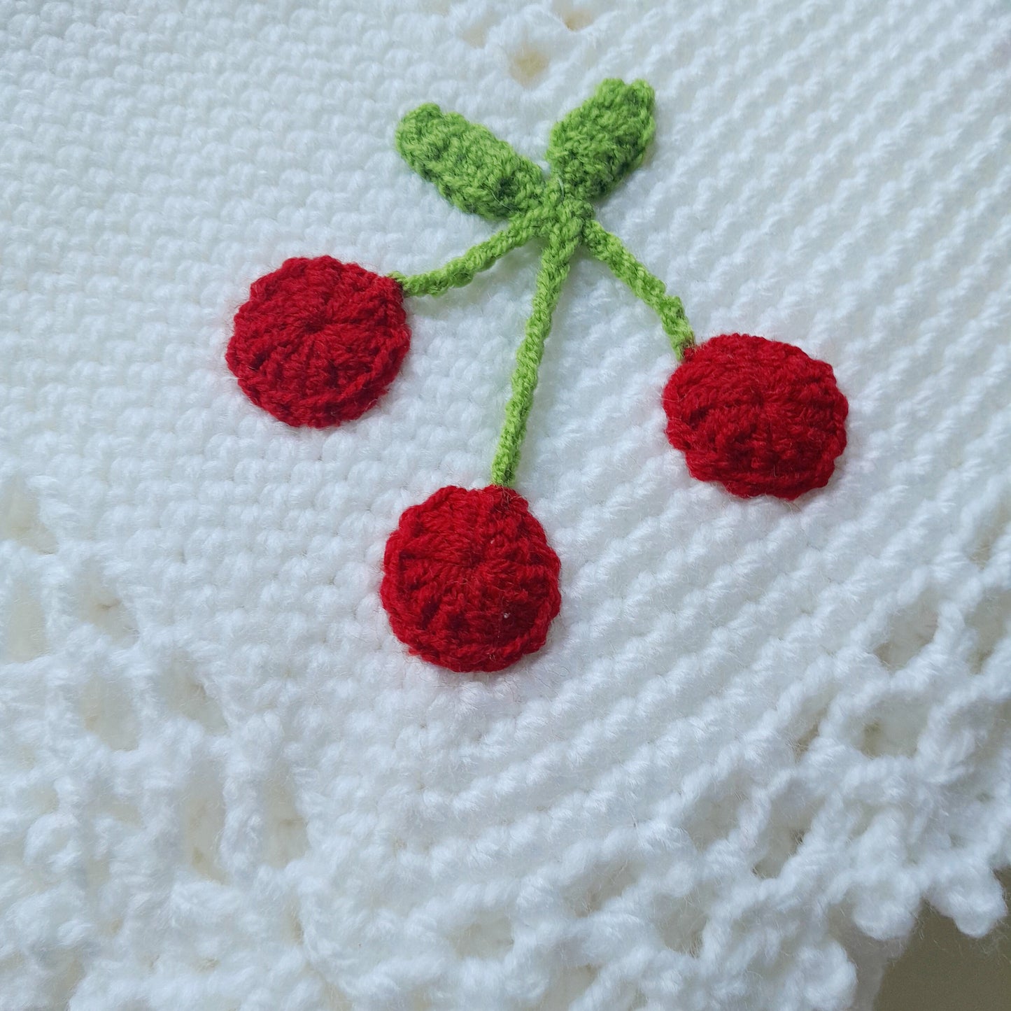 White Crochet Baby Blanket Cherry Applique