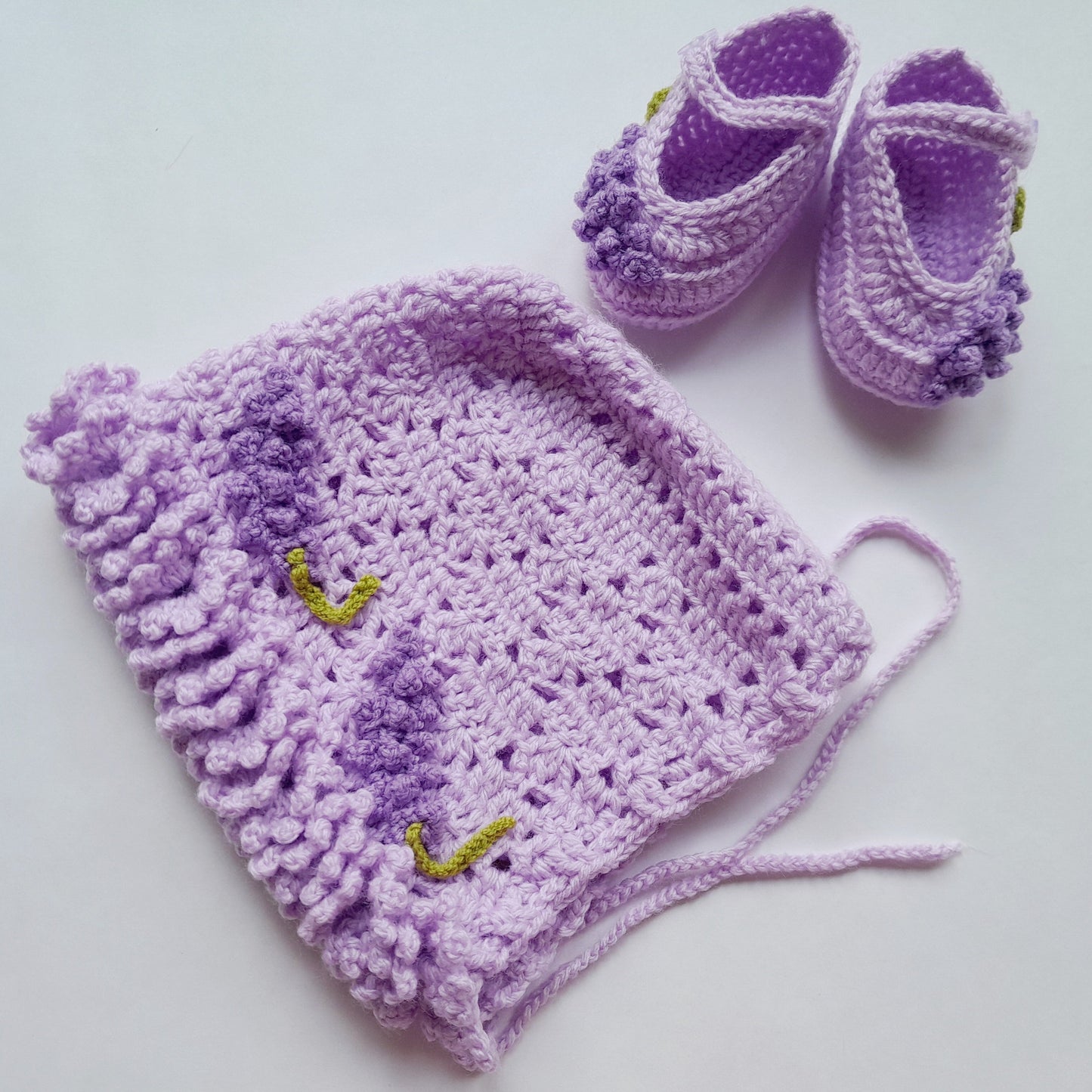 Crochet Baby Blanket, Bonnet, Booties Lavender Flowers