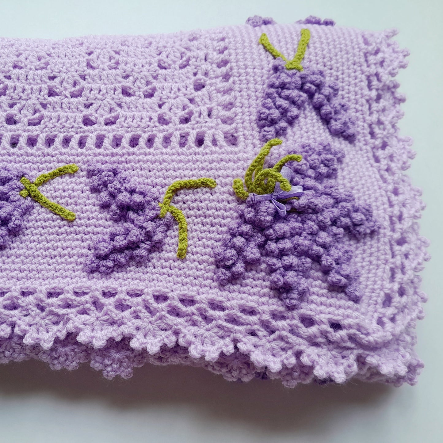 Crochet Baby Blanket, Bonnet, Booties Lavender Flowers