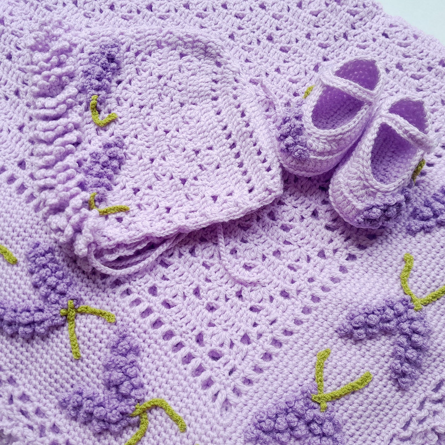 Crochet Baby Blanket, Bonnet, Booties Lavender Flowers