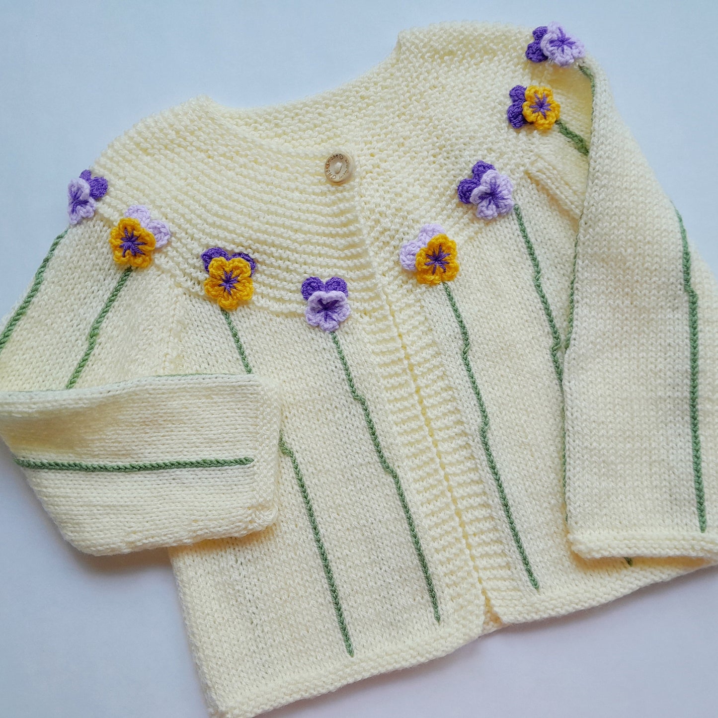 3T Knitted Baby Jacket with Pansy Crochet Applique