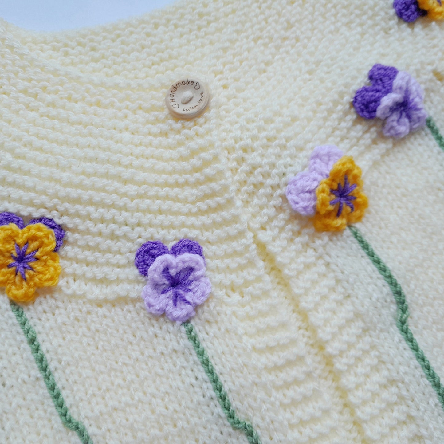 3T Knitted Baby Jacket with Pansy Crochet Applique