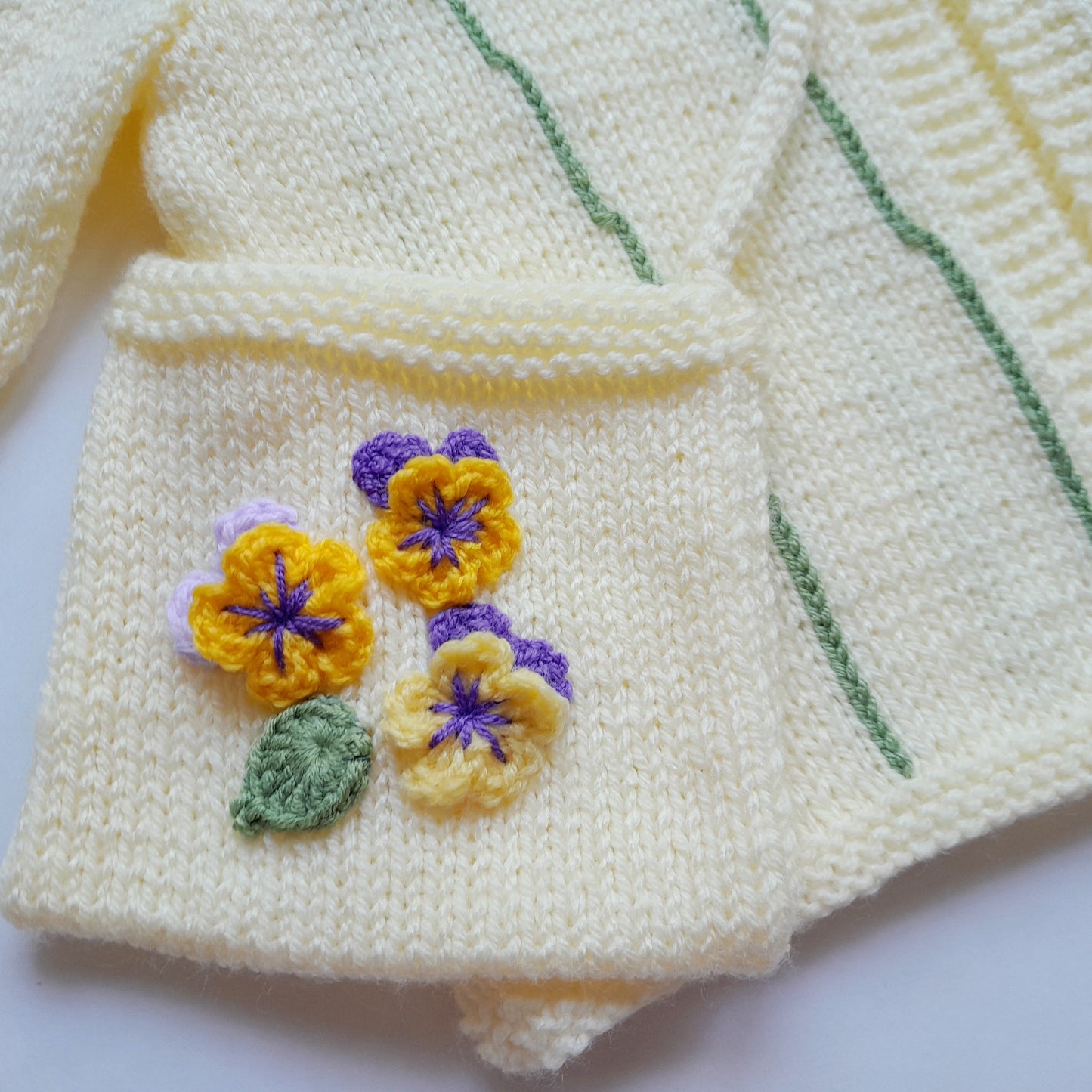 3T Knitted Baby Jacket with Pansy Crochet Applique