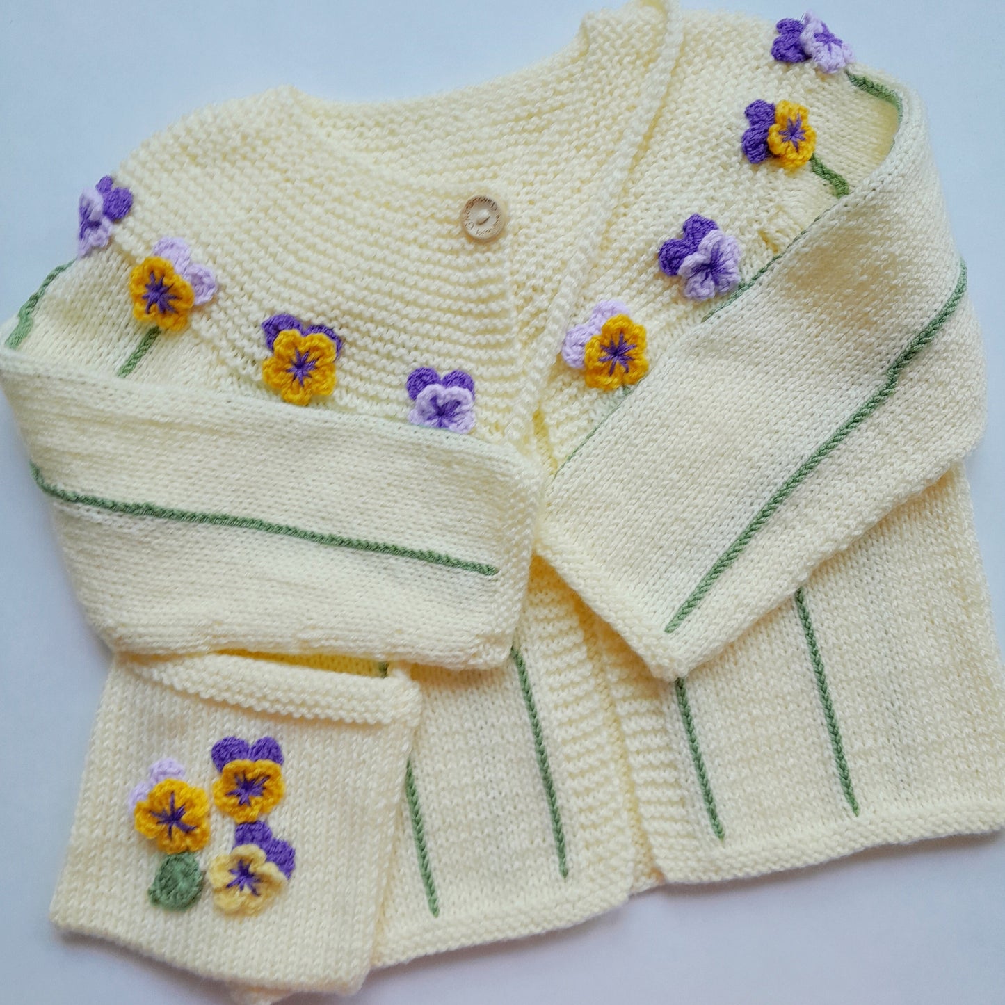 3T Knitted Baby Jacket with Pansy Crochet Applique