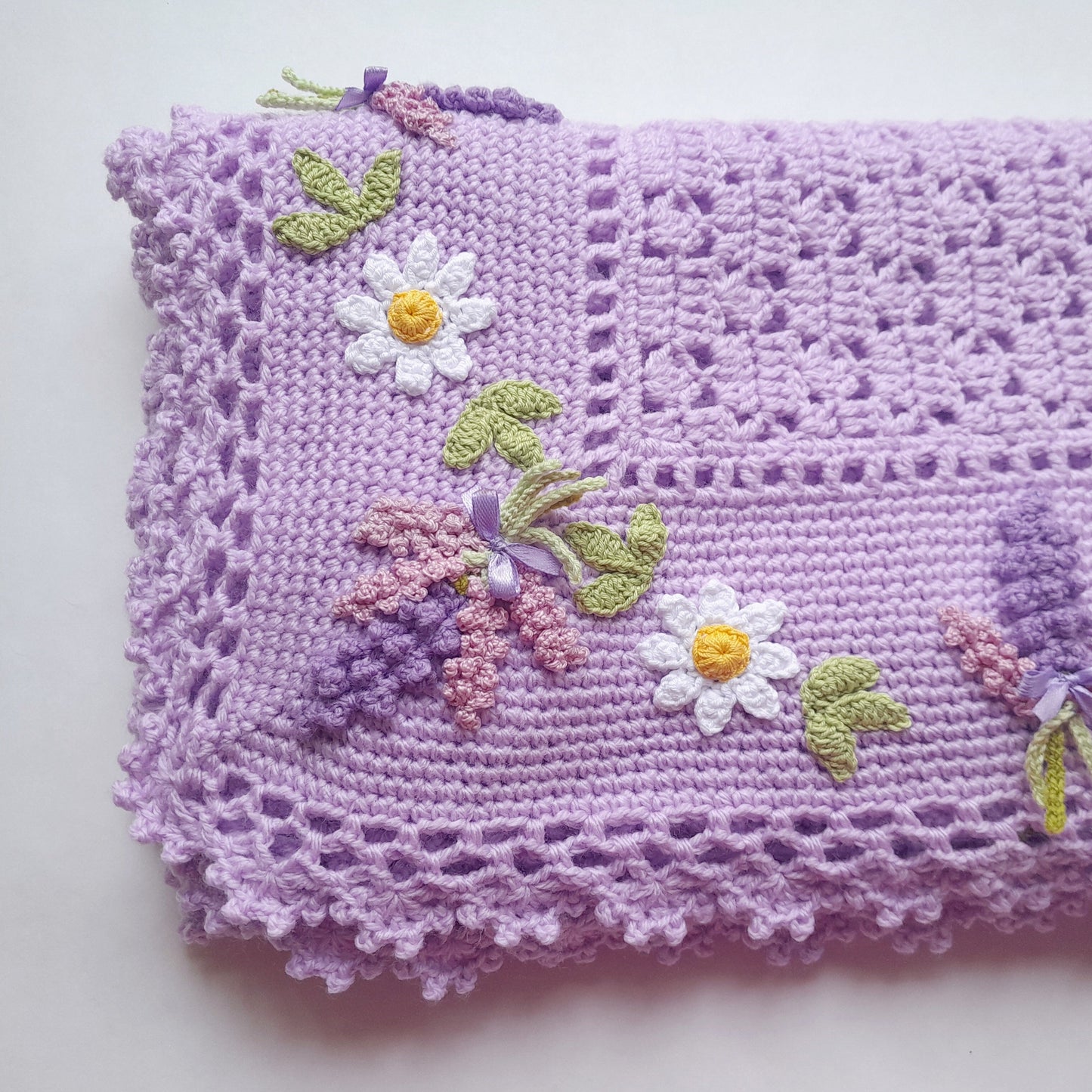 Crochet Baby Blanket Lavender Daisy Flowers
