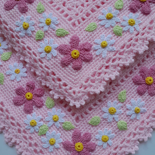 Crochet Baby Blanket Pink Flowers Daisy Applique
