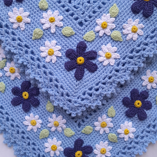 Blue Crochet Baby Blanket Daisy Floral Applique