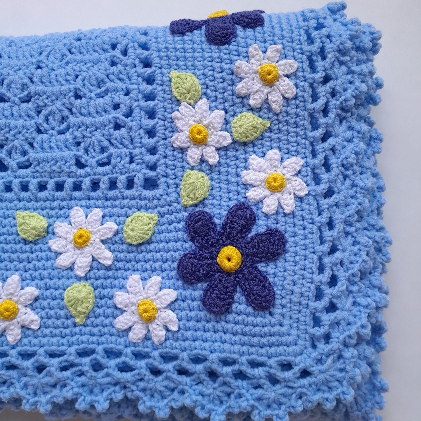 Blue Crochet Baby Blanket Daisy Floral Applique