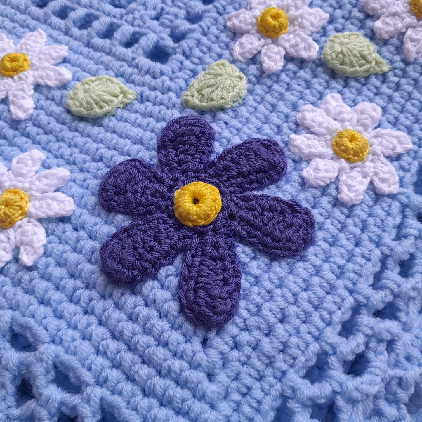 Blue Crochet Baby Blanket Daisy Floral Applique