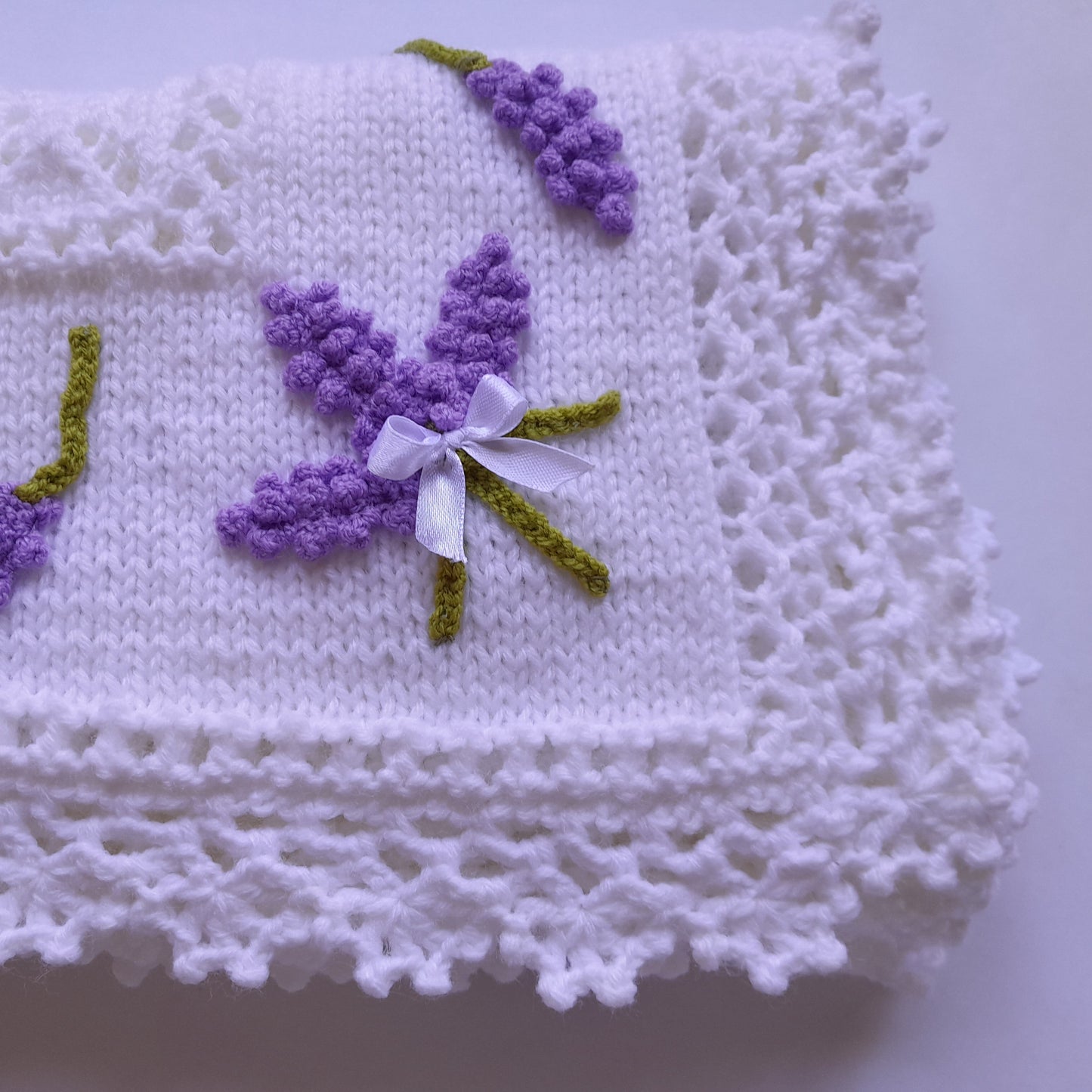 Knit Baby Blanket Lavender Flowers Applique