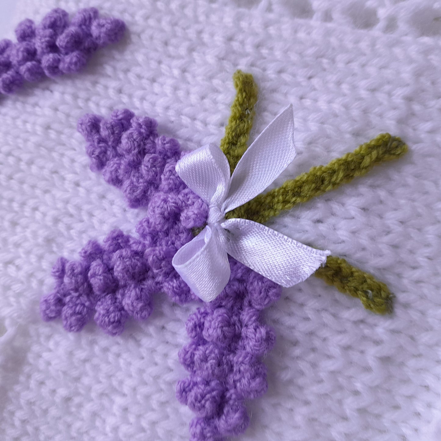 Knit Baby Blanket Lavender Flowers Applique