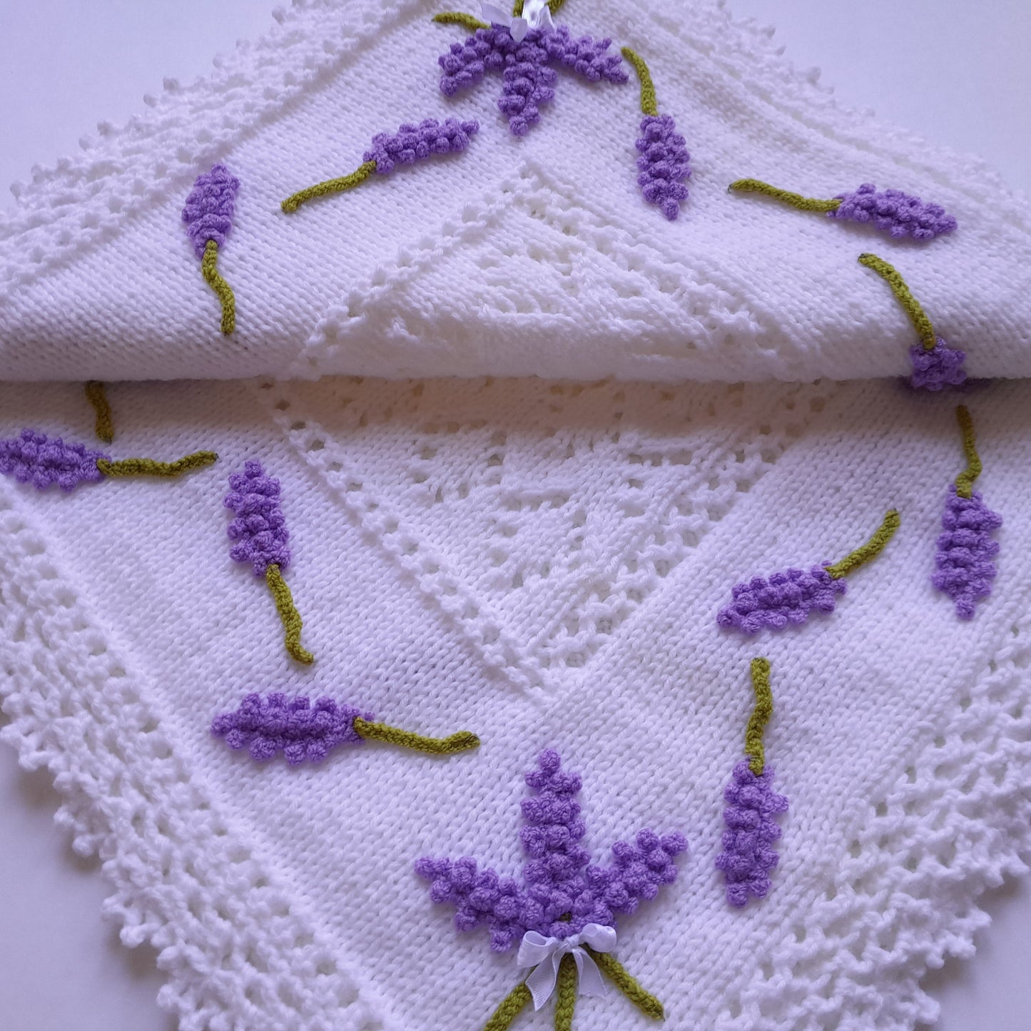 Knit Baby Blanket Lavender Flowers Applique