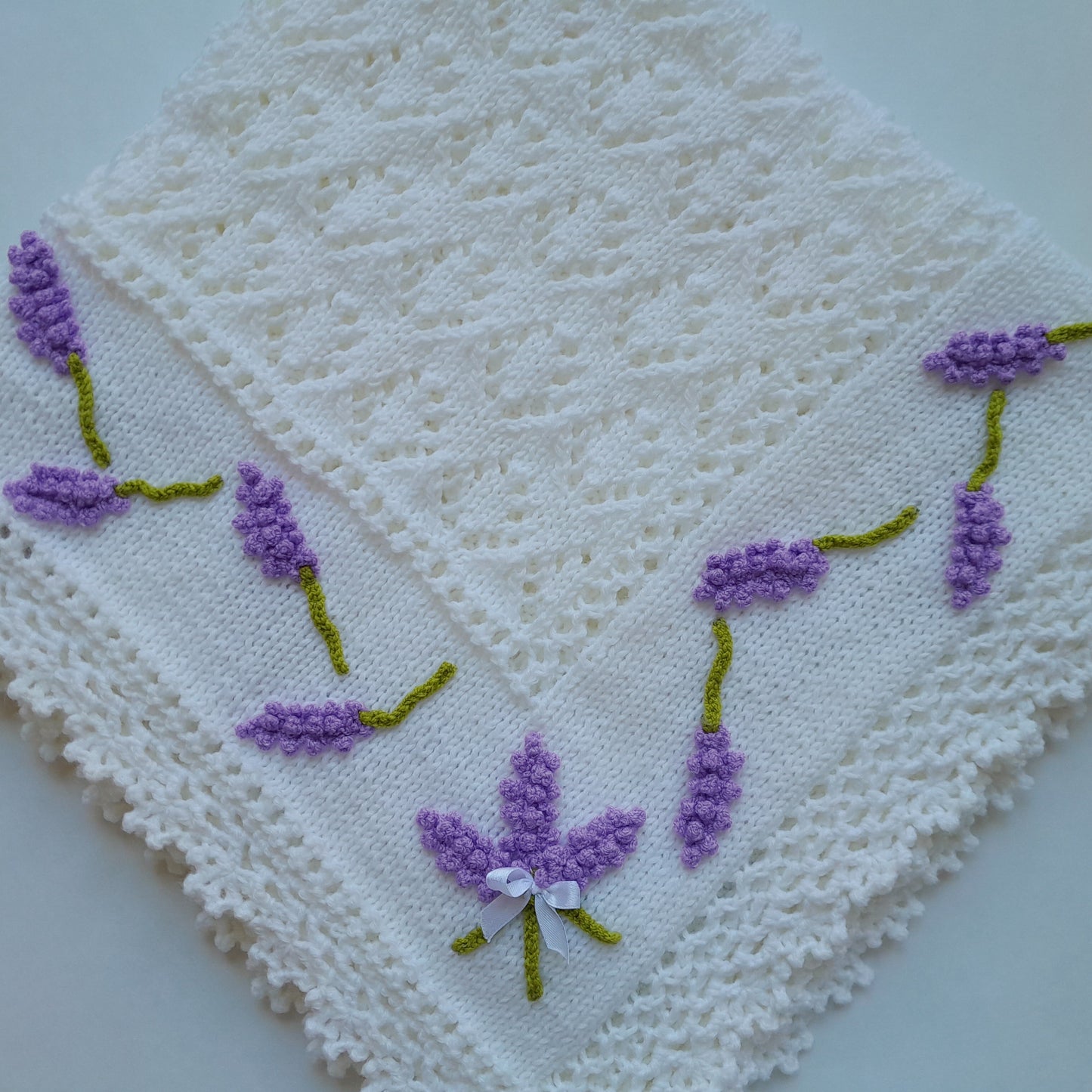 Knit Baby Blanket Lavender Flowers Applique