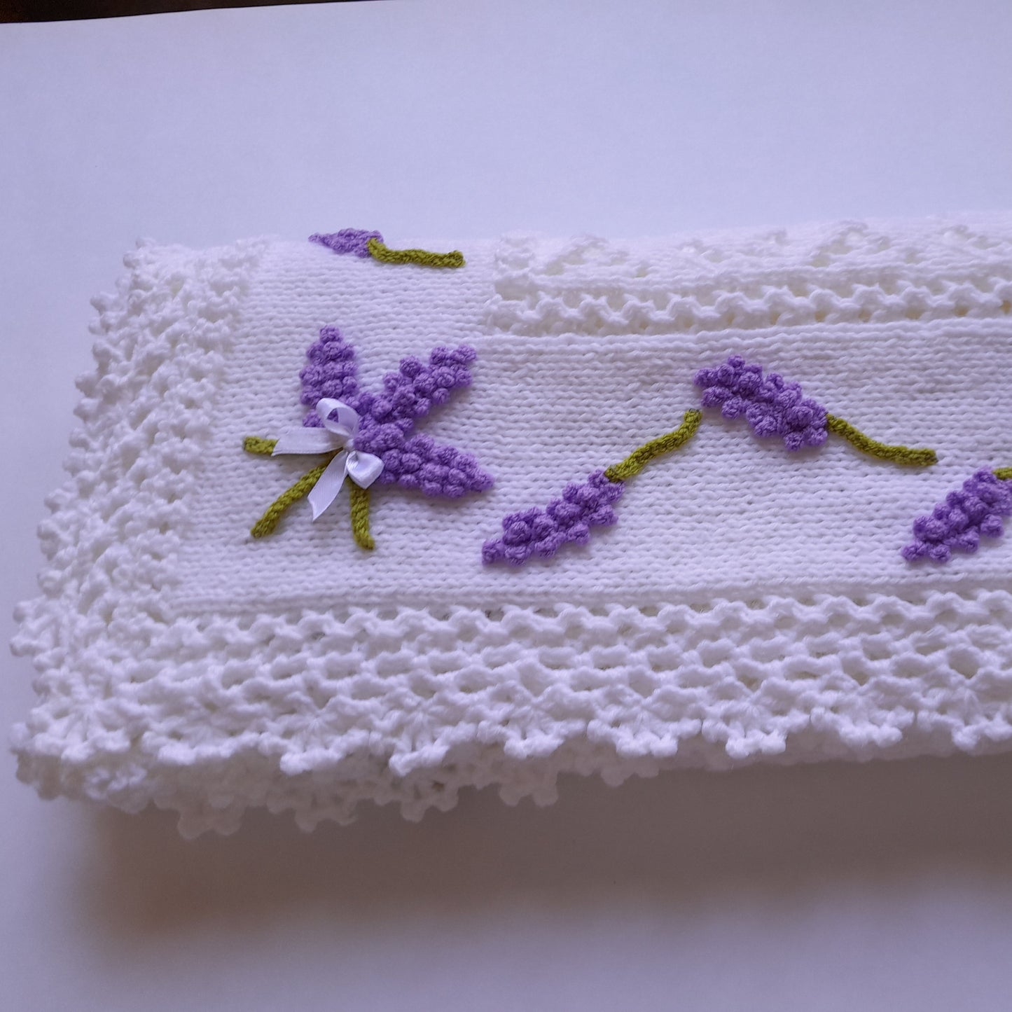 Knit Baby Blanket Lavender Flowers Applique
