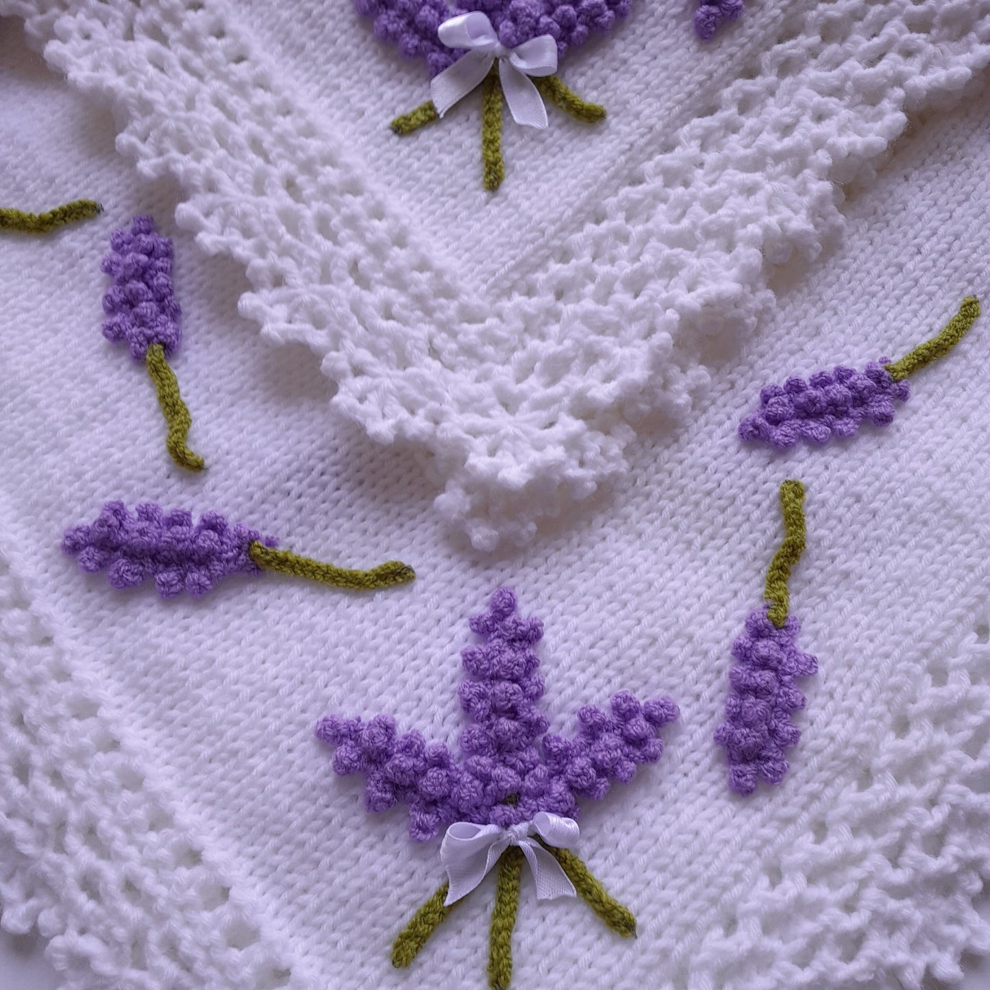 Knit Baby Blanket Lavender Flowers Applique