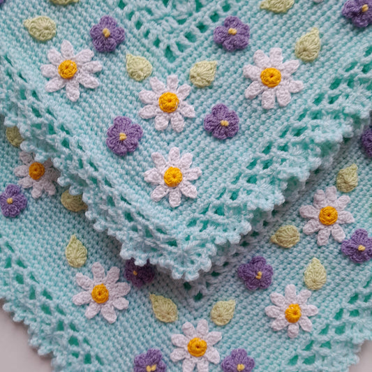 Mint Crochet Baby Blanket Daisy Viola Flowers