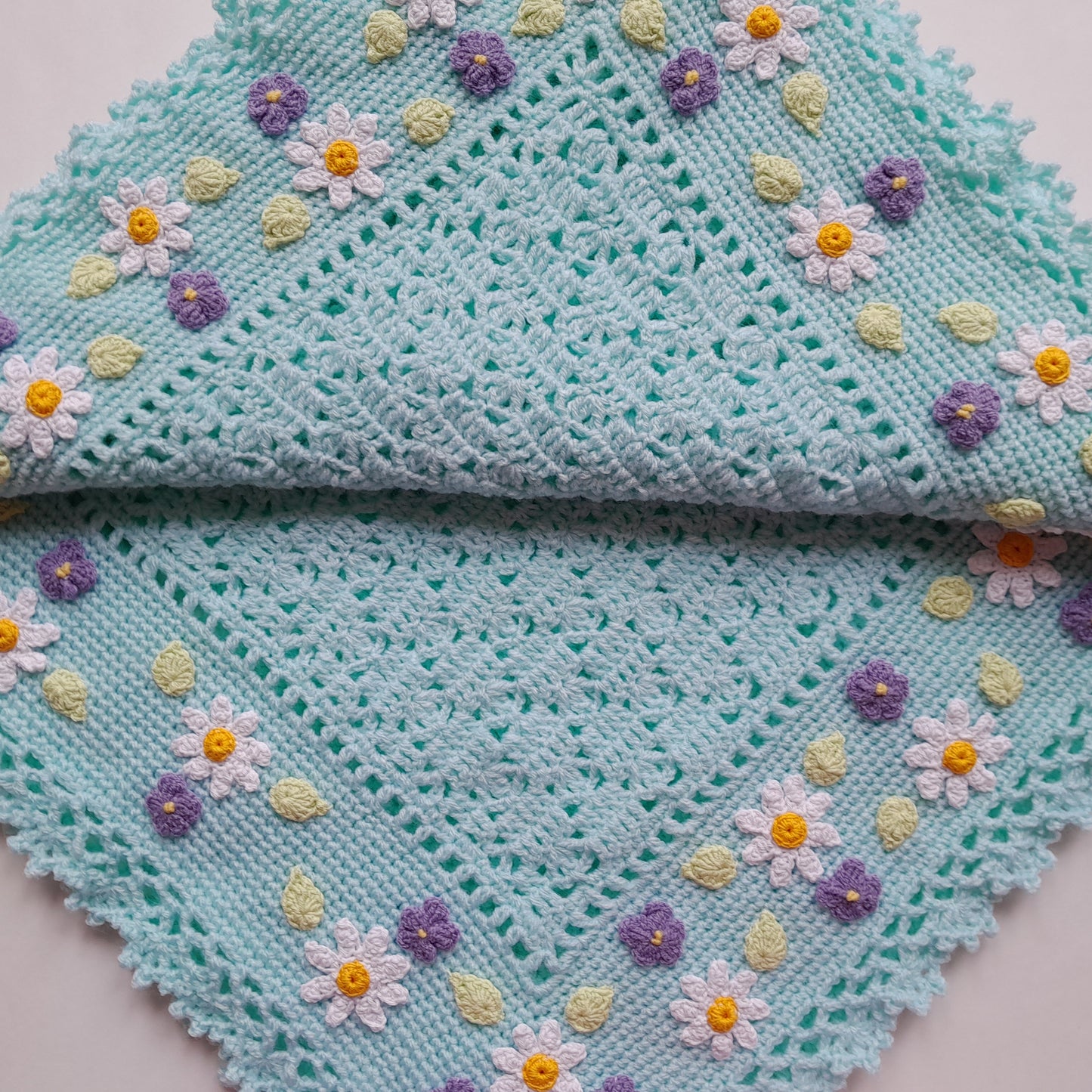 Mint Crochet Baby Blanket Daisy Viola Flowers