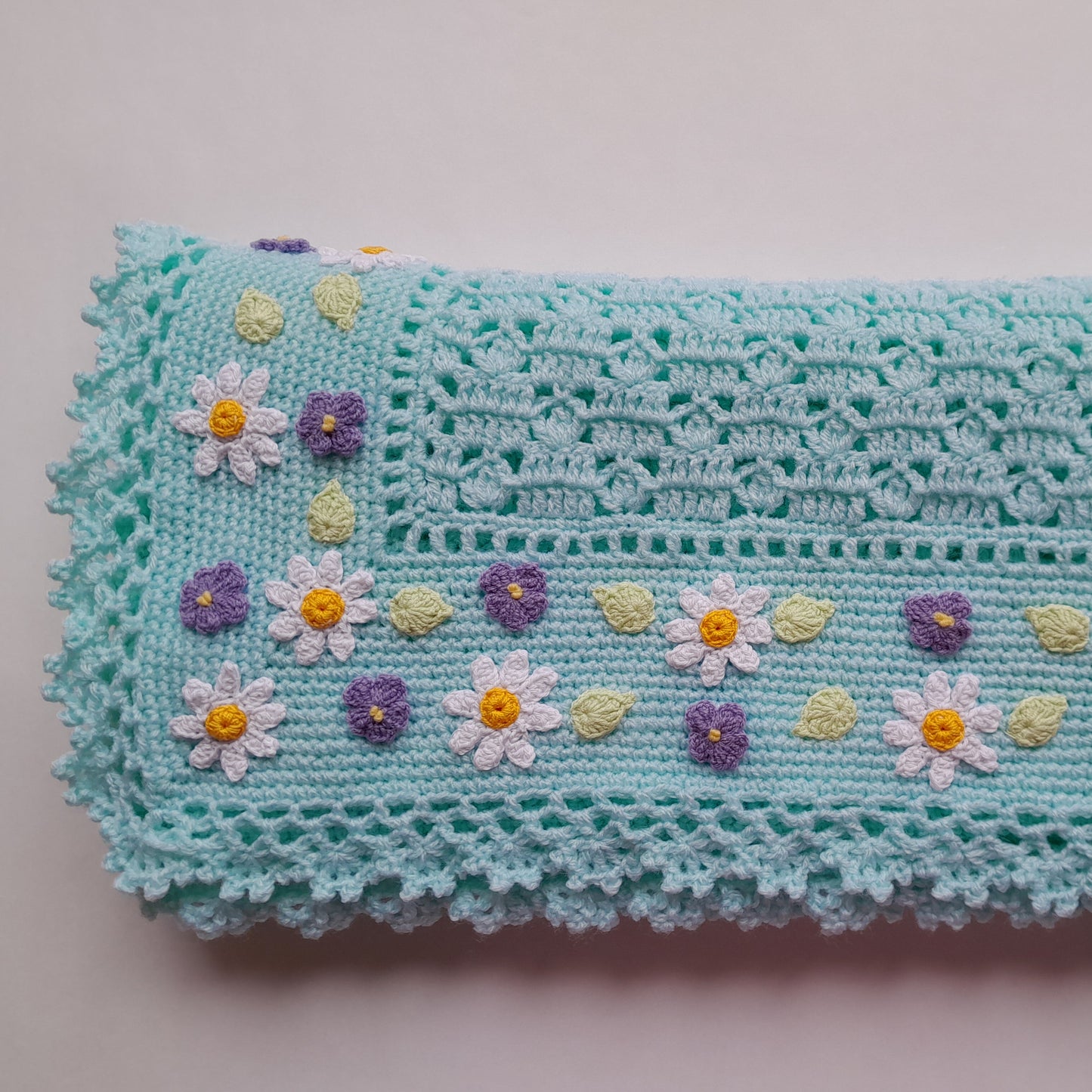 Mint Crochet Baby Blanket Daisy Viola Flowers