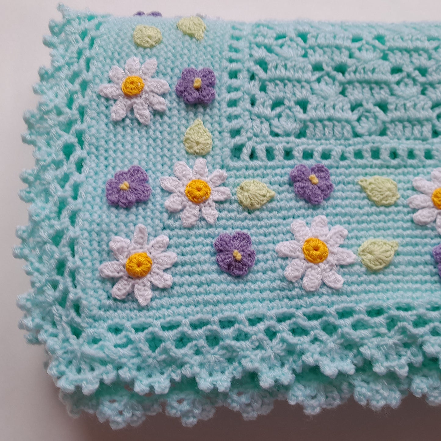 Mint Crochet Baby Blanket Daisy Viola Flowers